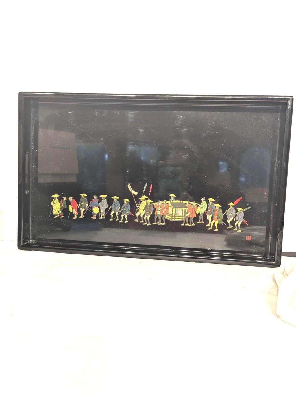 Japanese Lacquerware Serving Tray Vintage Asian Black Glossy Traditional Design Handcrafted Wooden Centerpiece - The Relic Detail