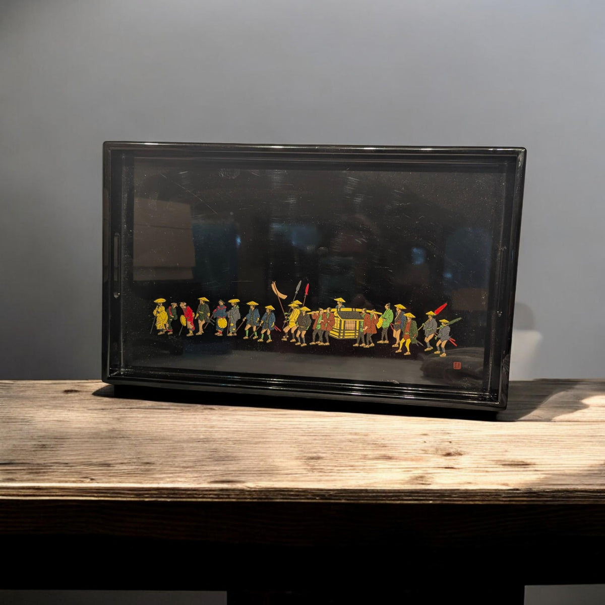 Japanese Lacquerware Serving Tray Vintage Asian Black Glossy Traditional Design Handcrafted Wooden Centerpiece - The Relic Detail