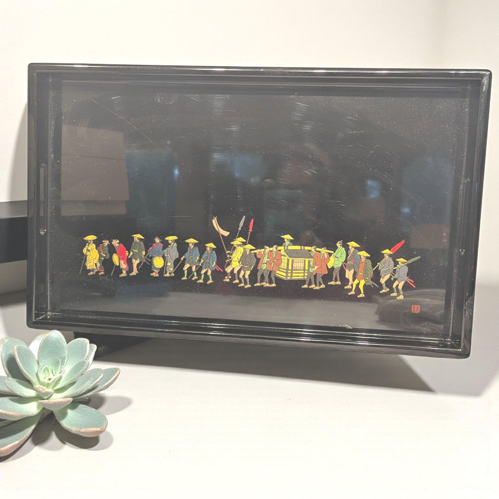 Japanese Lacquerware Serving Tray Vintage Asian Black Glossy Traditional Design Handcrafted Wooden Centerpiece - The Relic Detail