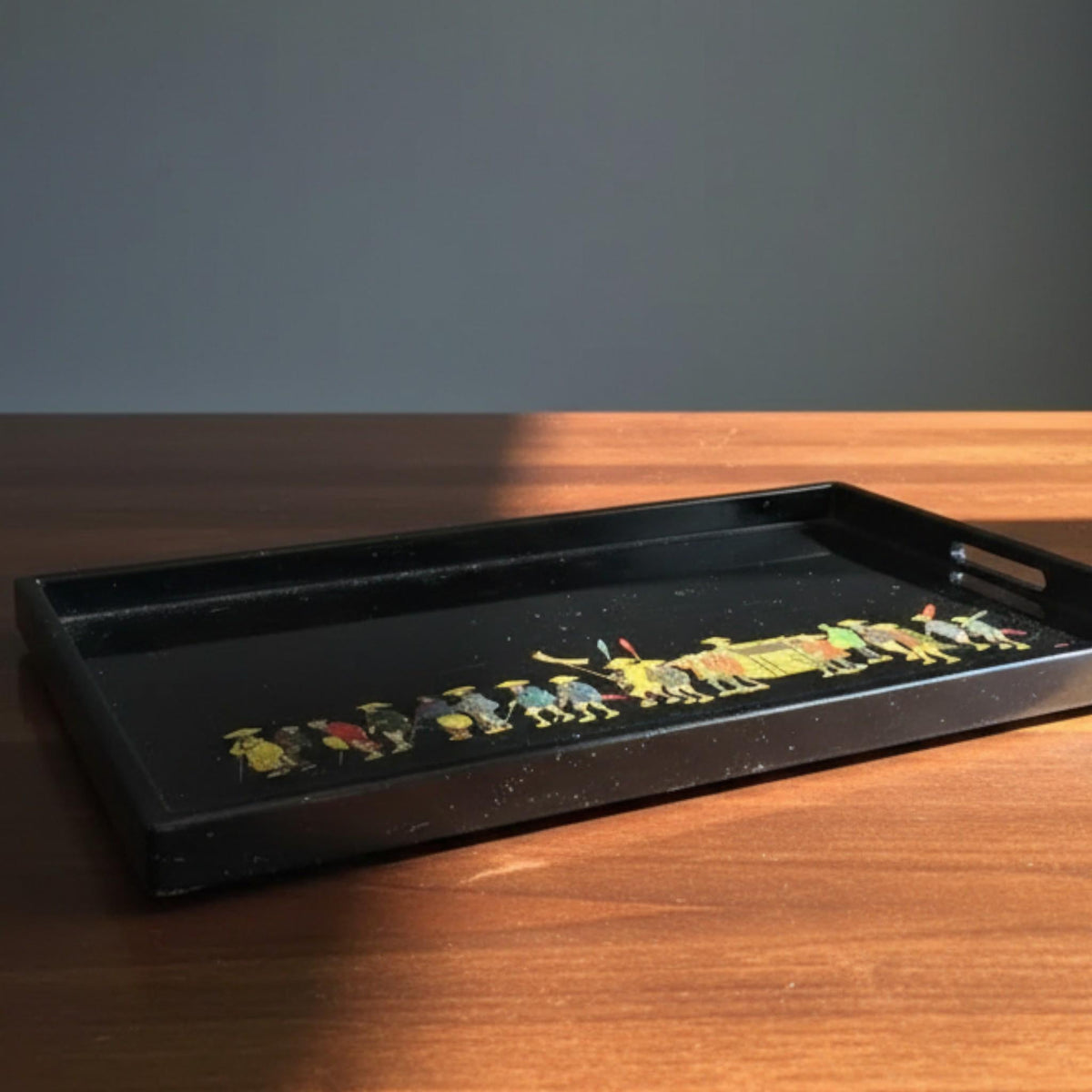 Japanese Lacquerware Serving Tray Vintage Asian Black Glossy Traditional Design Handcrafted Wooden Centerpiece - The Relic Detail