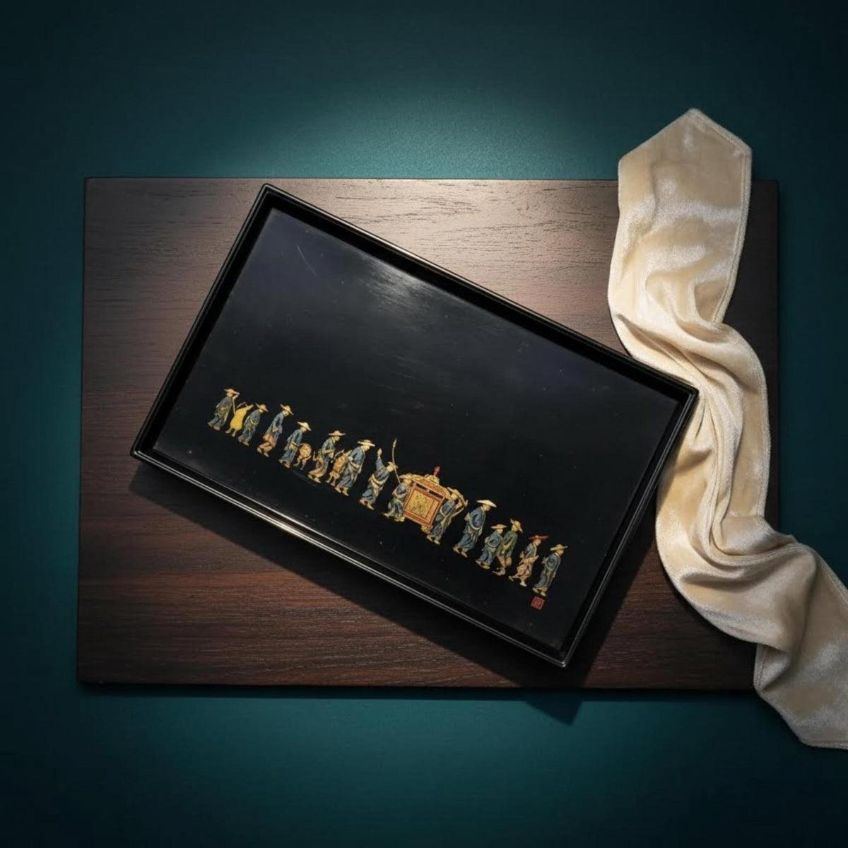 Japanese Lacquerware Serving Tray Vintage Asian Black Glossy Traditional Design Handcrafted Wooden Centerpiece - The Relic Detail