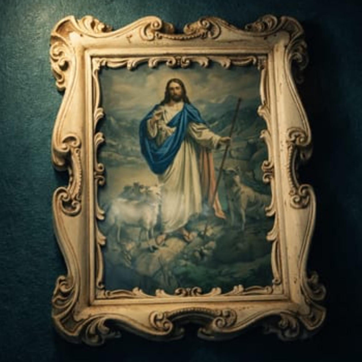 Jesus Wall Art Framed Religious Painting Ornate Antique Off-White Catholic Moody Spiritual Decor - The Relic Detail