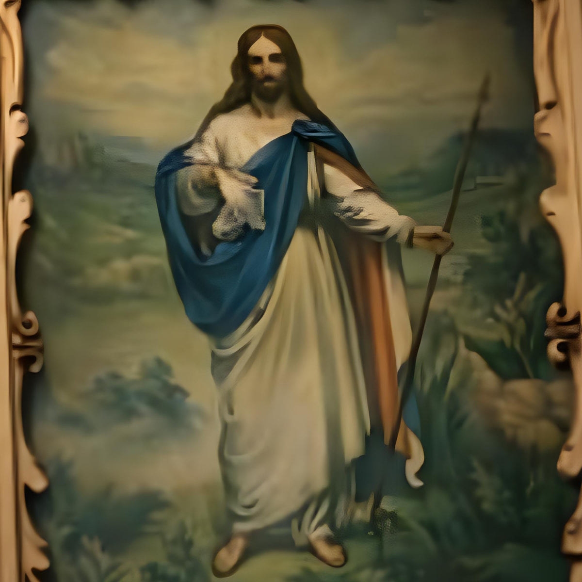Jesus Wall Art Framed Religious Painting Ornate Antique Off-White Catholic Moody Spiritual Decor - The Relic Detail