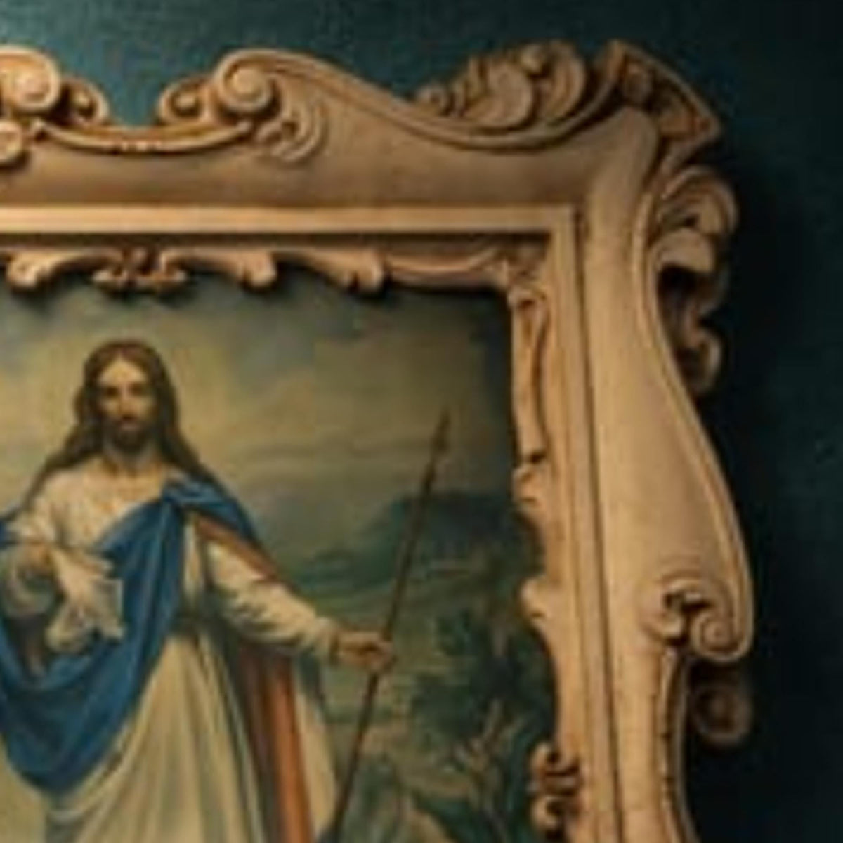 Jesus Wall Art Framed Religious Painting Ornate Antique Off-White Catholic Moody Spiritual Decor - The Relic Detail