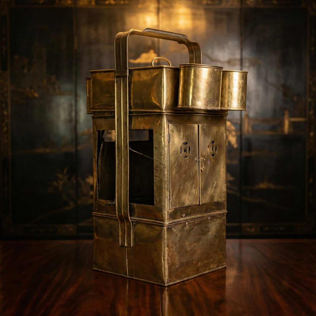 Large 28 Inch Antique Chinese Brass Food Cart Street Vendor Museum Display - The Relic Detail