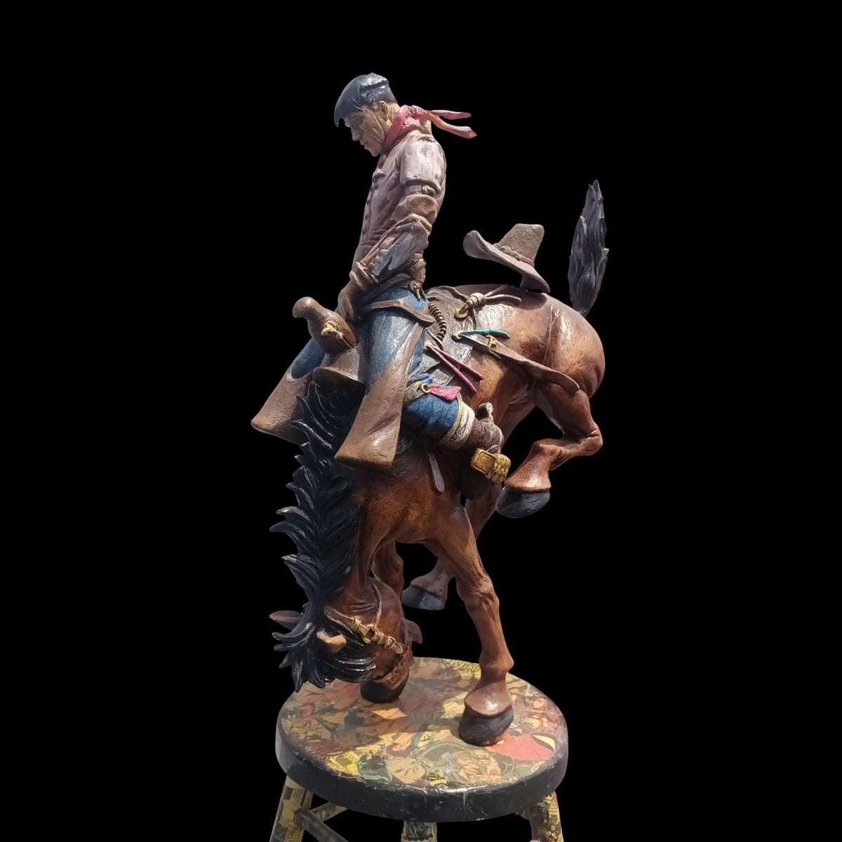 Large Cowboy Sculpture: Hand-Painted Bronco Rider, Comic Decoupage Stool, Folk Art Western Decor - The Relic Detail