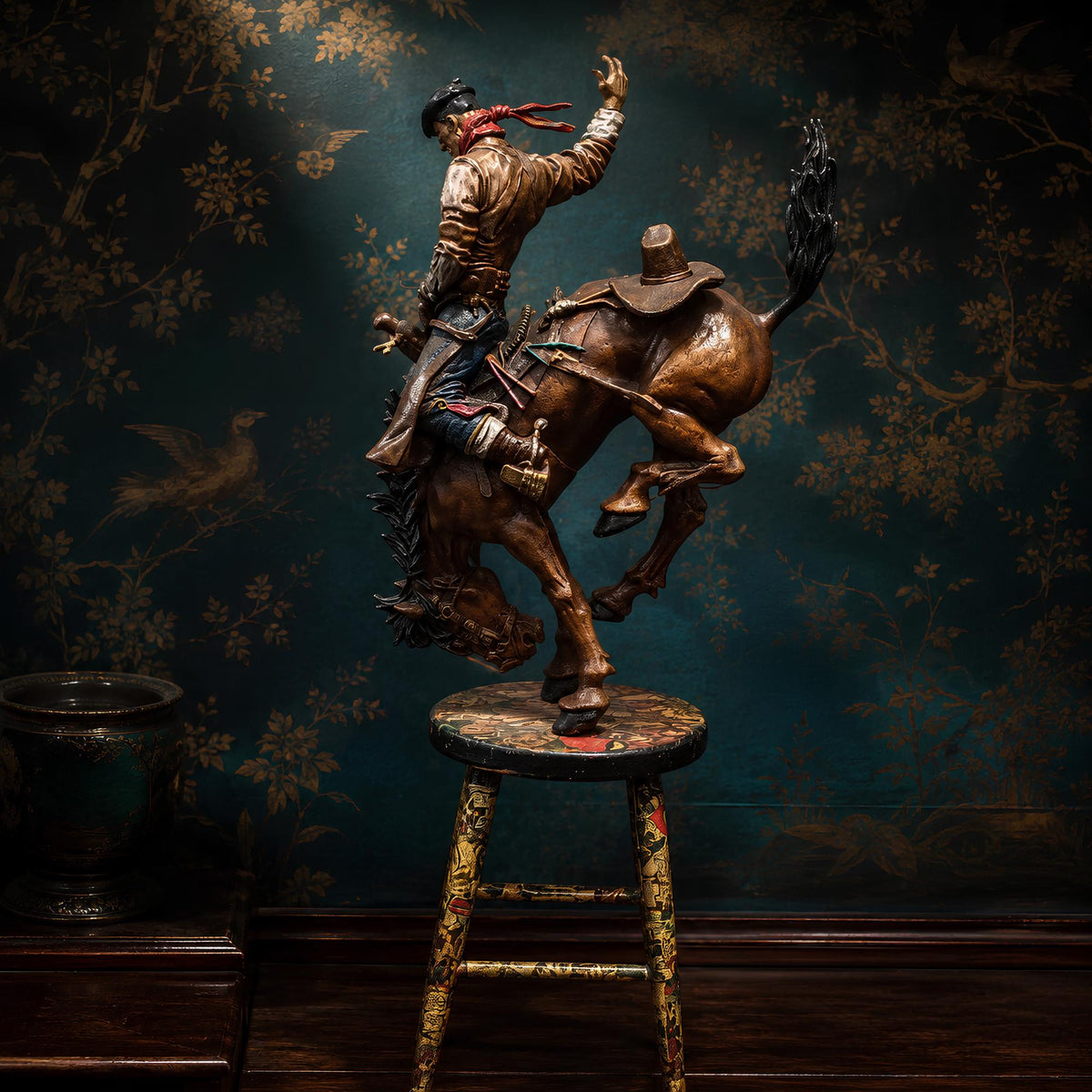 Large Cowboy Sculpture: Hand-Painted Bronco Rider, Comic Decoupage Stool, Folk Art Western Decor - The Relic Detail