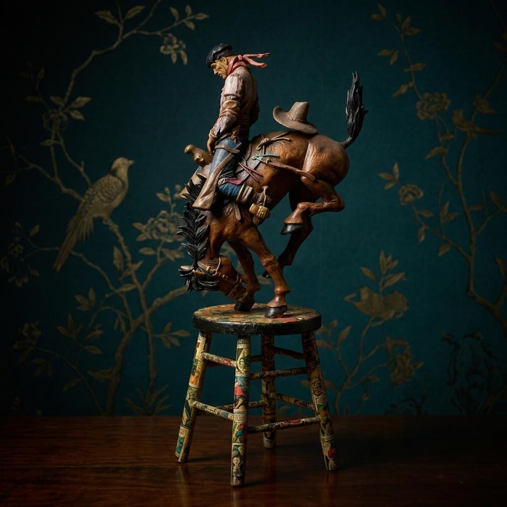 Large Cowboy Sculpture: Hand-Painted Bronco Rider, Comic Decoupage Stool, Folk Art Western Decor - The Relic Detail