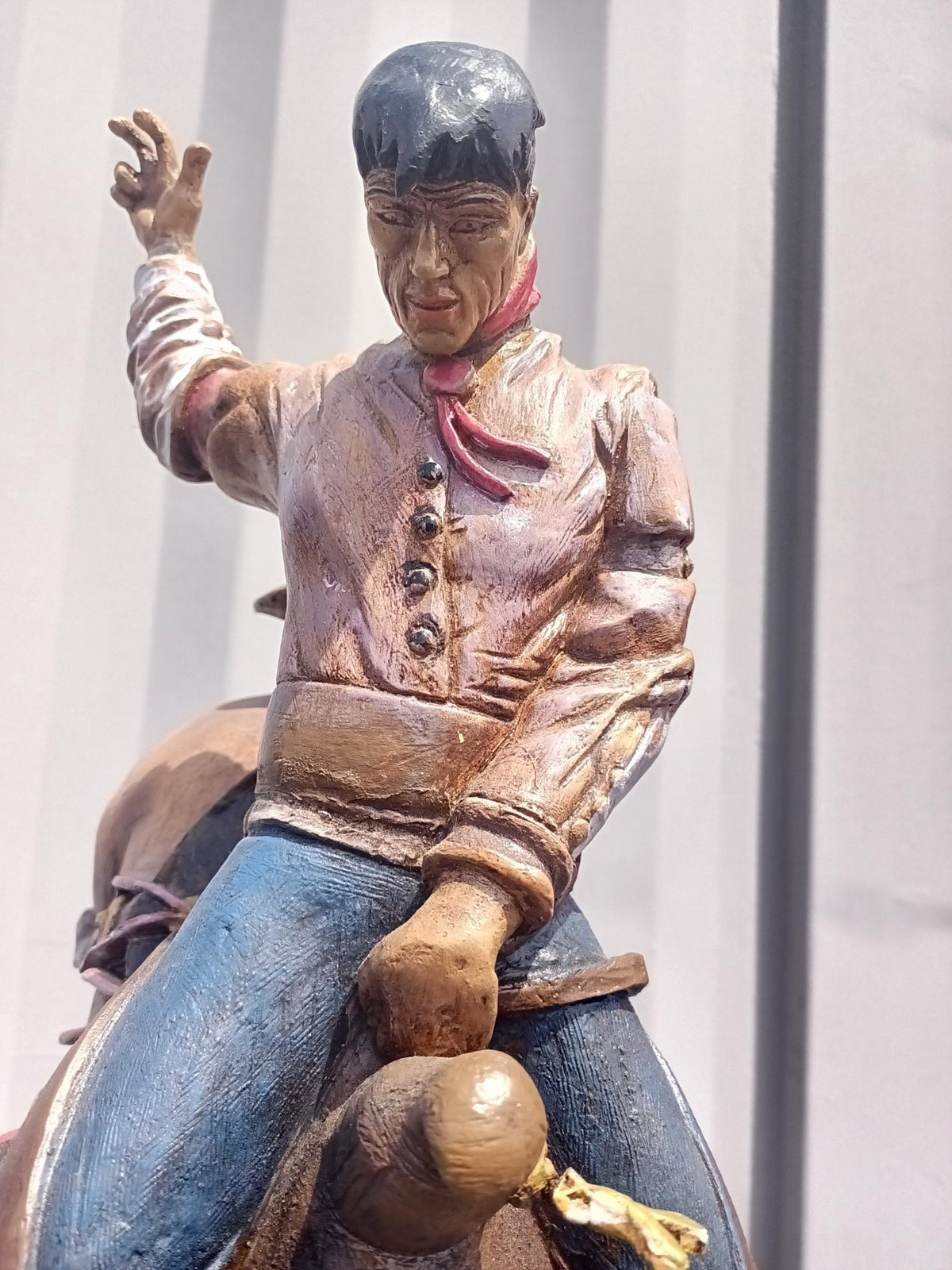 Large Cowboy Sculpture: Hand-Painted Bronco Rider, Comic Decoupage Stool, Folk Art Western Decor - The Relic Detail