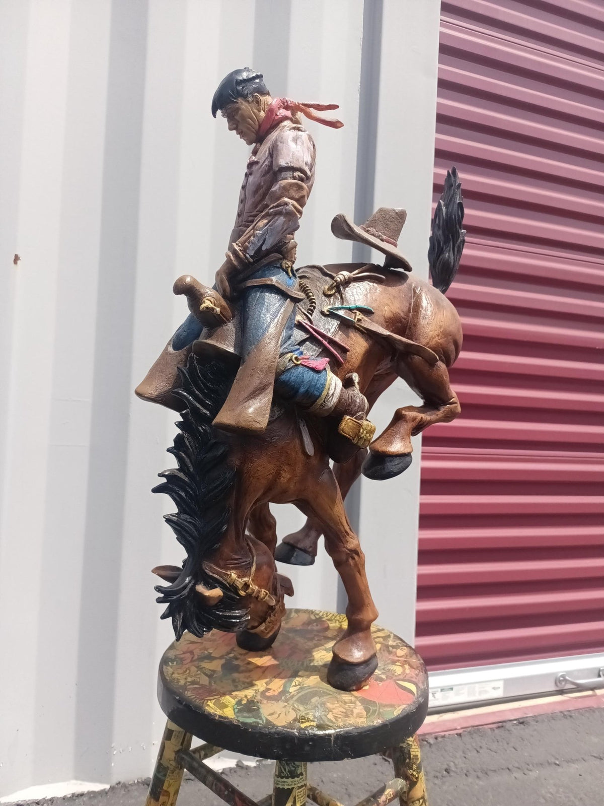 Large Cowboy Sculpture: Hand-Painted Bronco Rider, Comic Decoupage Stool, Folk Art Western Decor - The Relic Detail