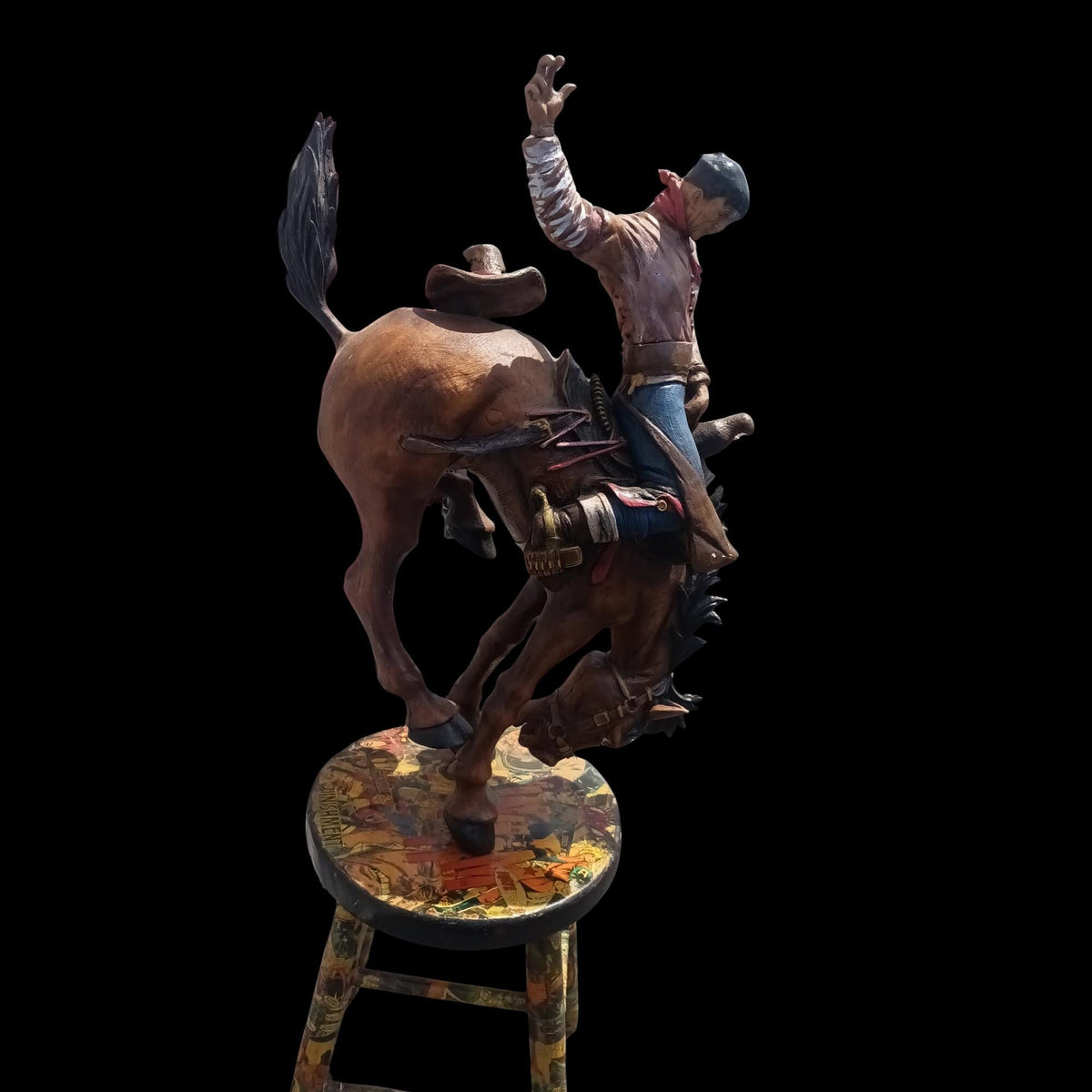 Large Cowboy Sculpture: Hand-Painted Bronco Rider, Comic Decoupage Stool, Folk Art Western Decor - The Relic Detail