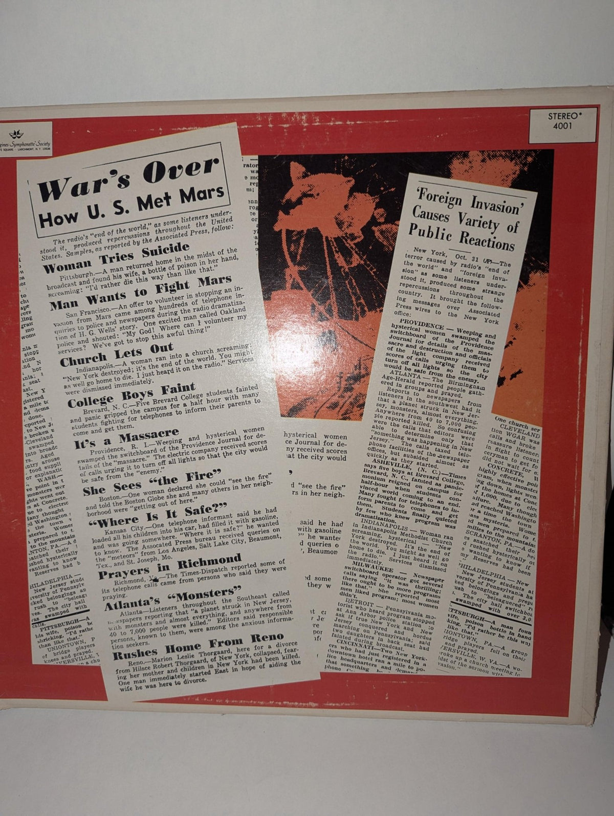 LP Record "War of the Worlds" Orson Welles 1938 Broadcast, Moody Museum Historical Radio Recording - The Relic Detail