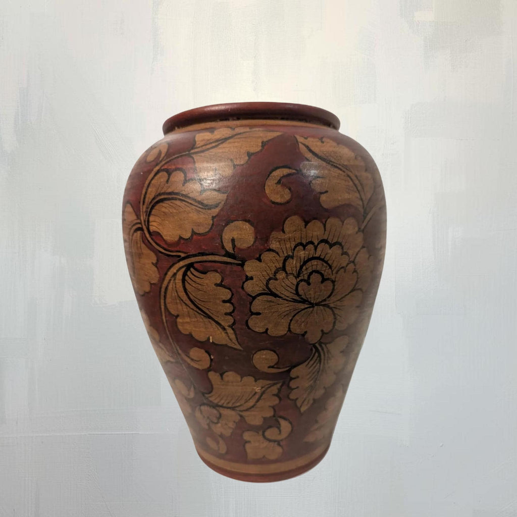 Mid-Century Chinese Red Ceramic Vase: Floral Pattern Pottery Home Decor - The Relic Detail