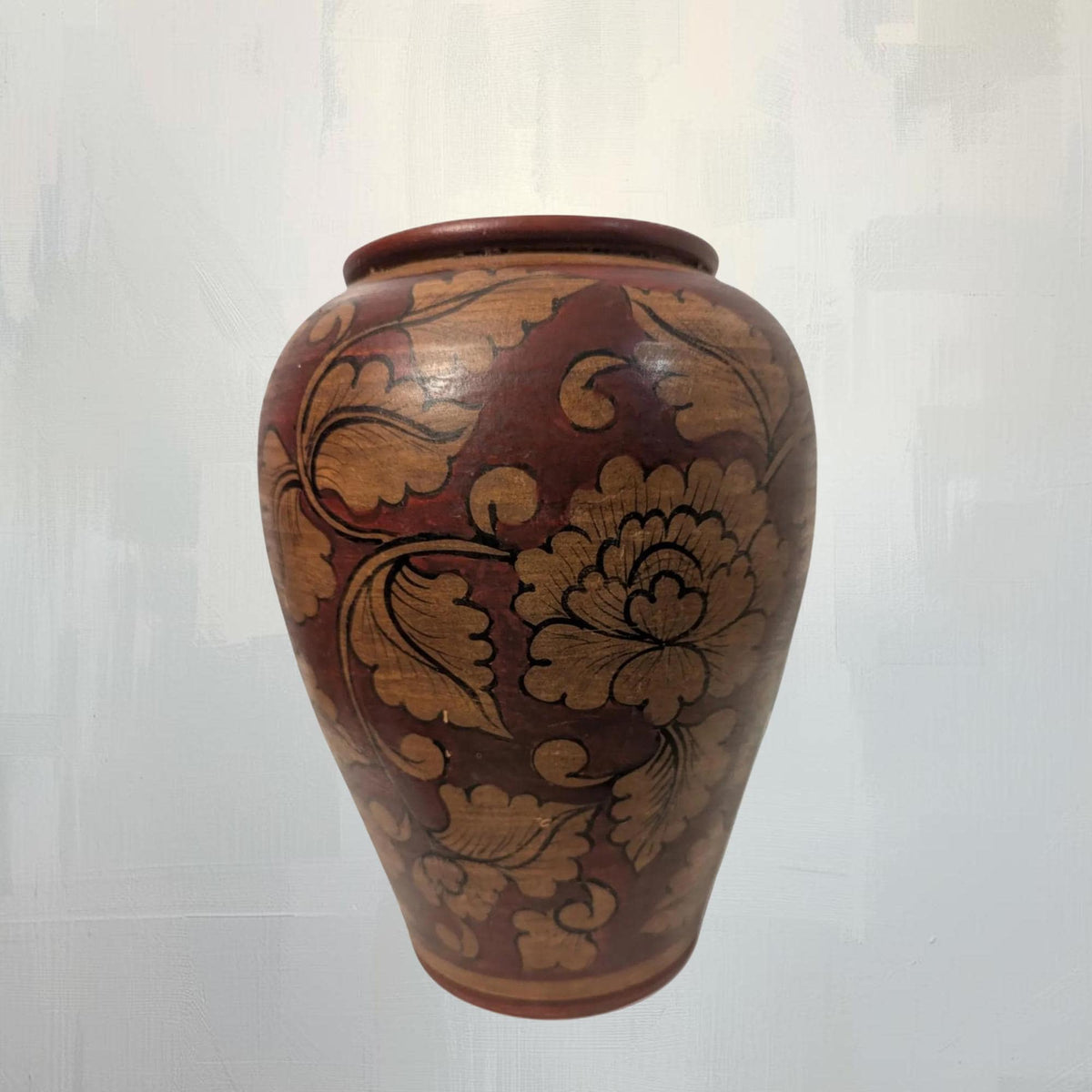 Mid-Century Chinese Red Ceramic Vase: Floral Pattern Pottery Home Decor - The Relic Detail