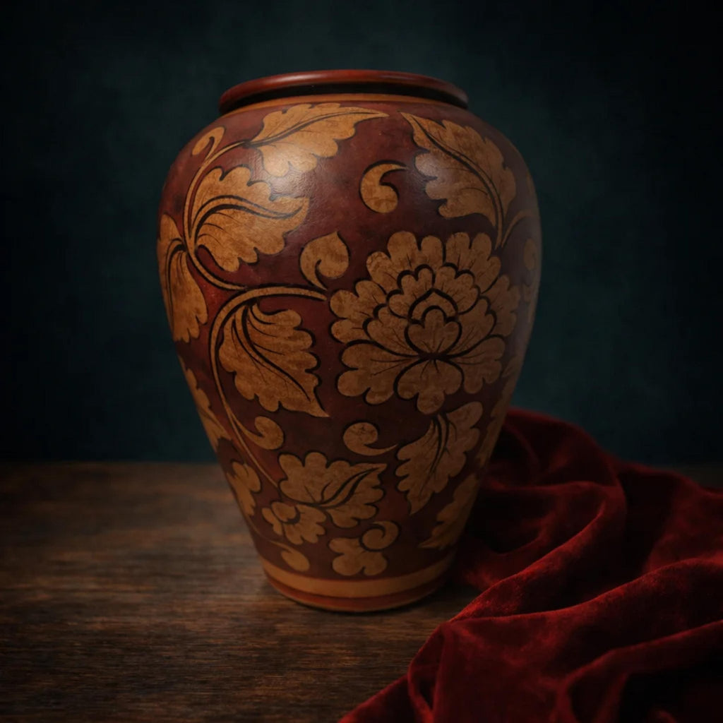 Mid-Century Chinese Red Ceramic Vase: Floral Pattern Pottery Home Decor - The Relic Detail