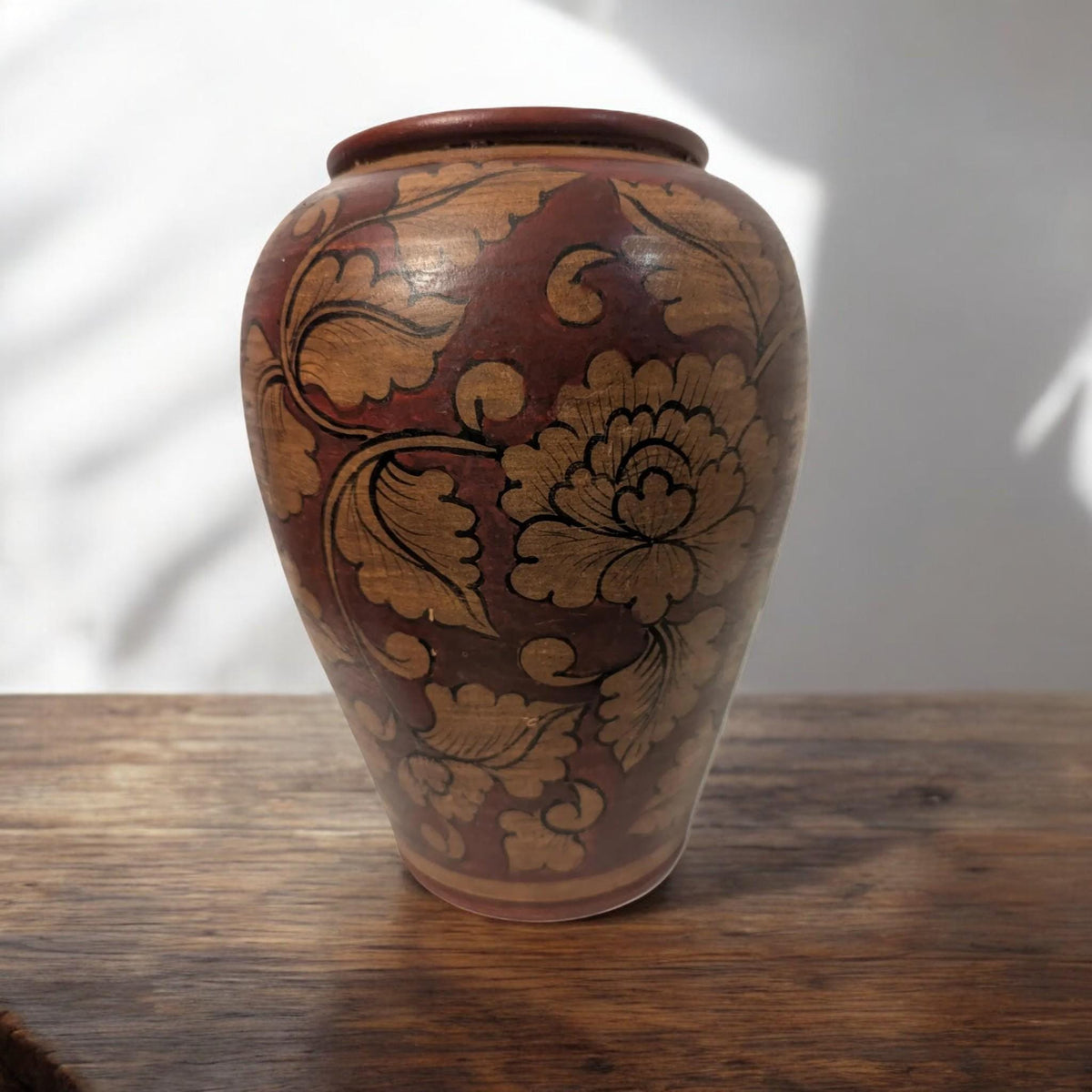 Mid-Century Chinese Red Ceramic Vase: Floral Pattern Pottery Home Decor - The Relic Detail