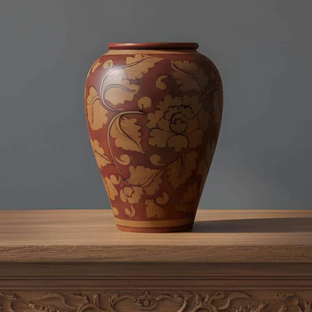 Mid-Century Chinese Red Ceramic Vase: Floral Pattern Pottery Home Decor - The Relic Detail