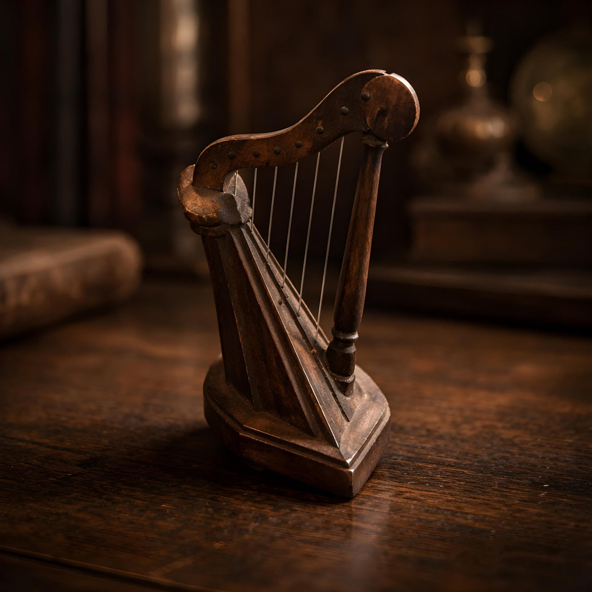 Miniature Wooden Harp - Decorative Sculpture - Handcrafted Wood Curio Decor - The Relic Detail