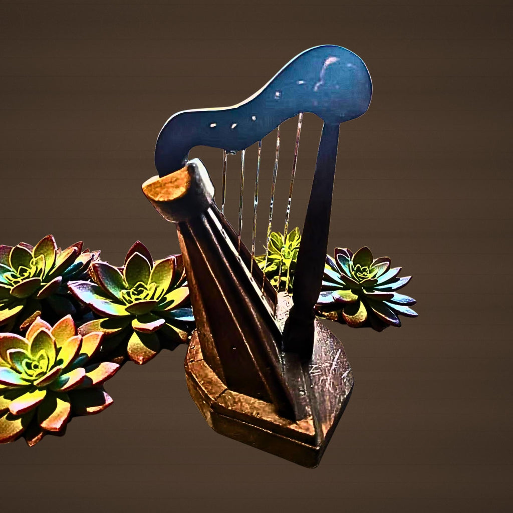 Miniature Wooden Harp - Decorative Sculpture - Handcrafted Wood Curio Decor - The Relic Detail