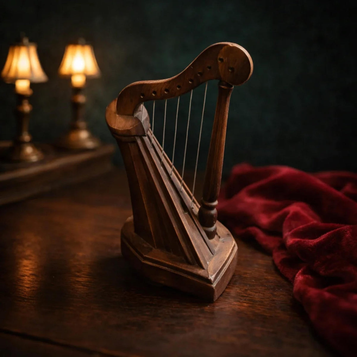 Miniature Wooden Harp - Decorative Sculpture - Handcrafted Wood Curio Decor - The Relic Detail