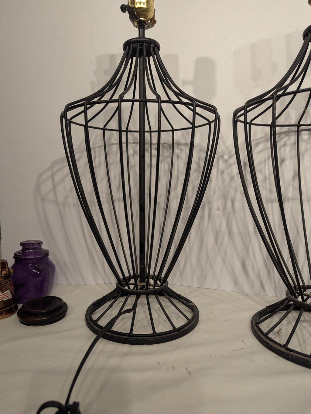 Pair of Black Iron Cage Table Lamps - The Relic Detail