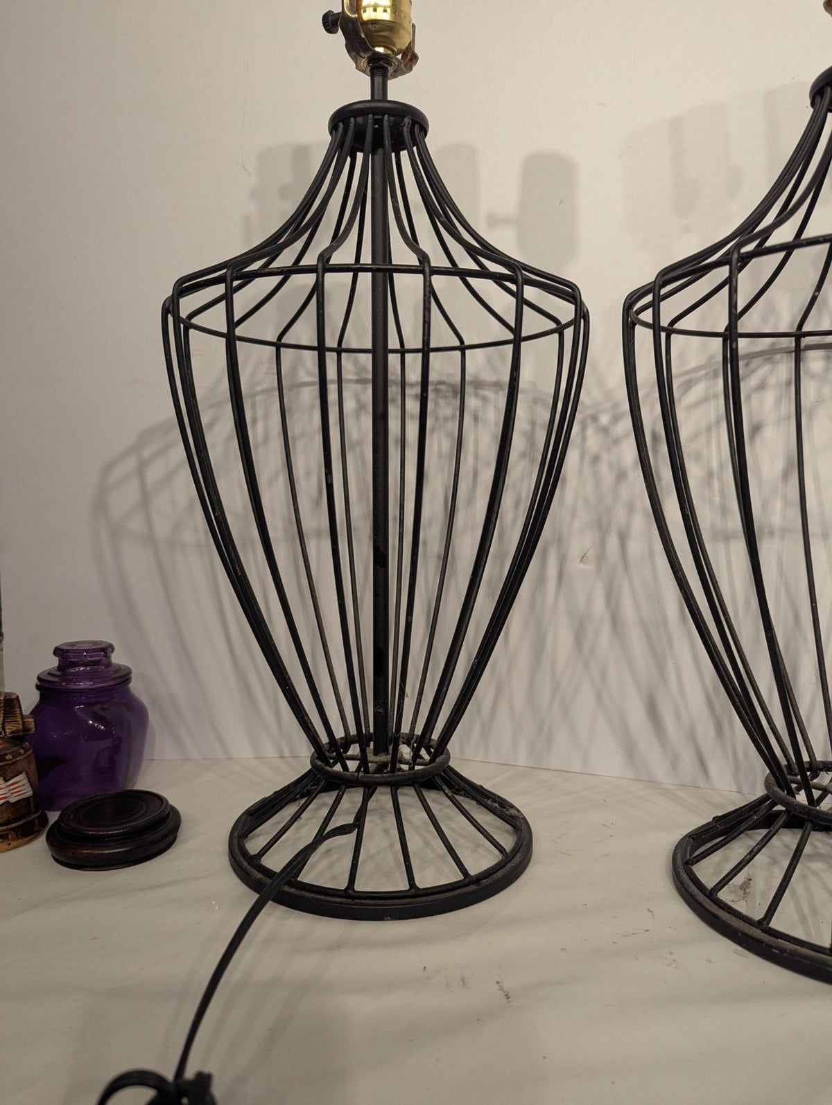 Pair of Black Iron Cage Table Lamps - The Relic Detail