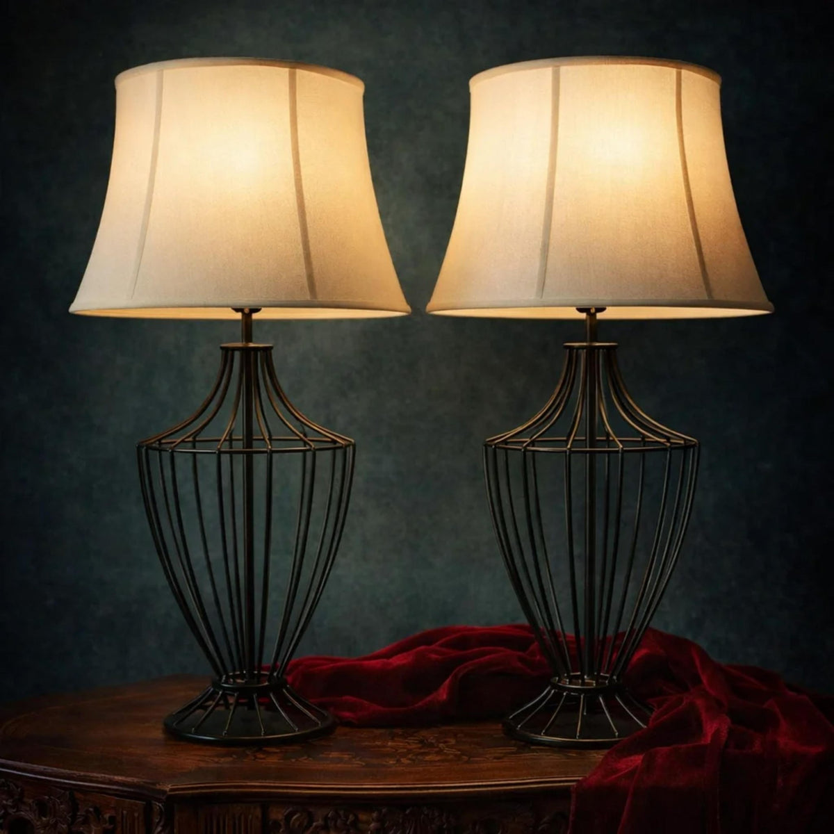 Pair of Black Iron Cage Table Lamps - The Relic Detail
