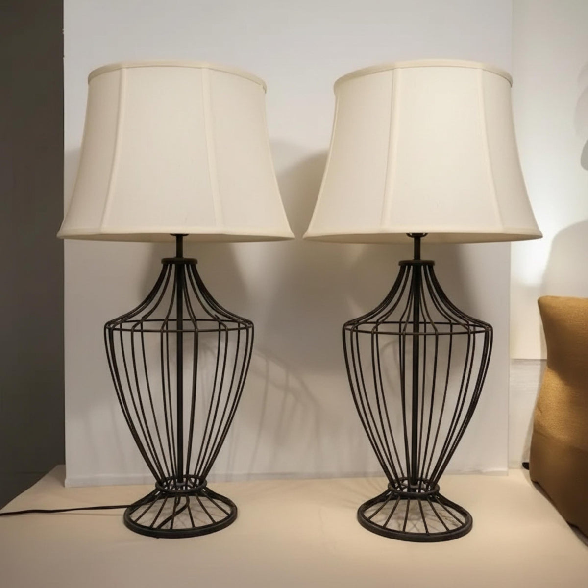 Pair of Black Iron Cage Table Lamps - The Relic Detail
