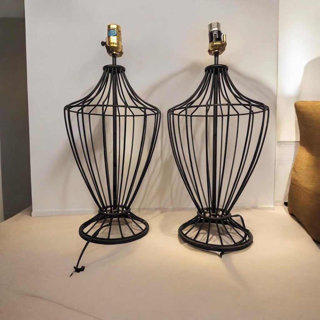 Pair of Black Iron Cage Table Lamps - The Relic Detail