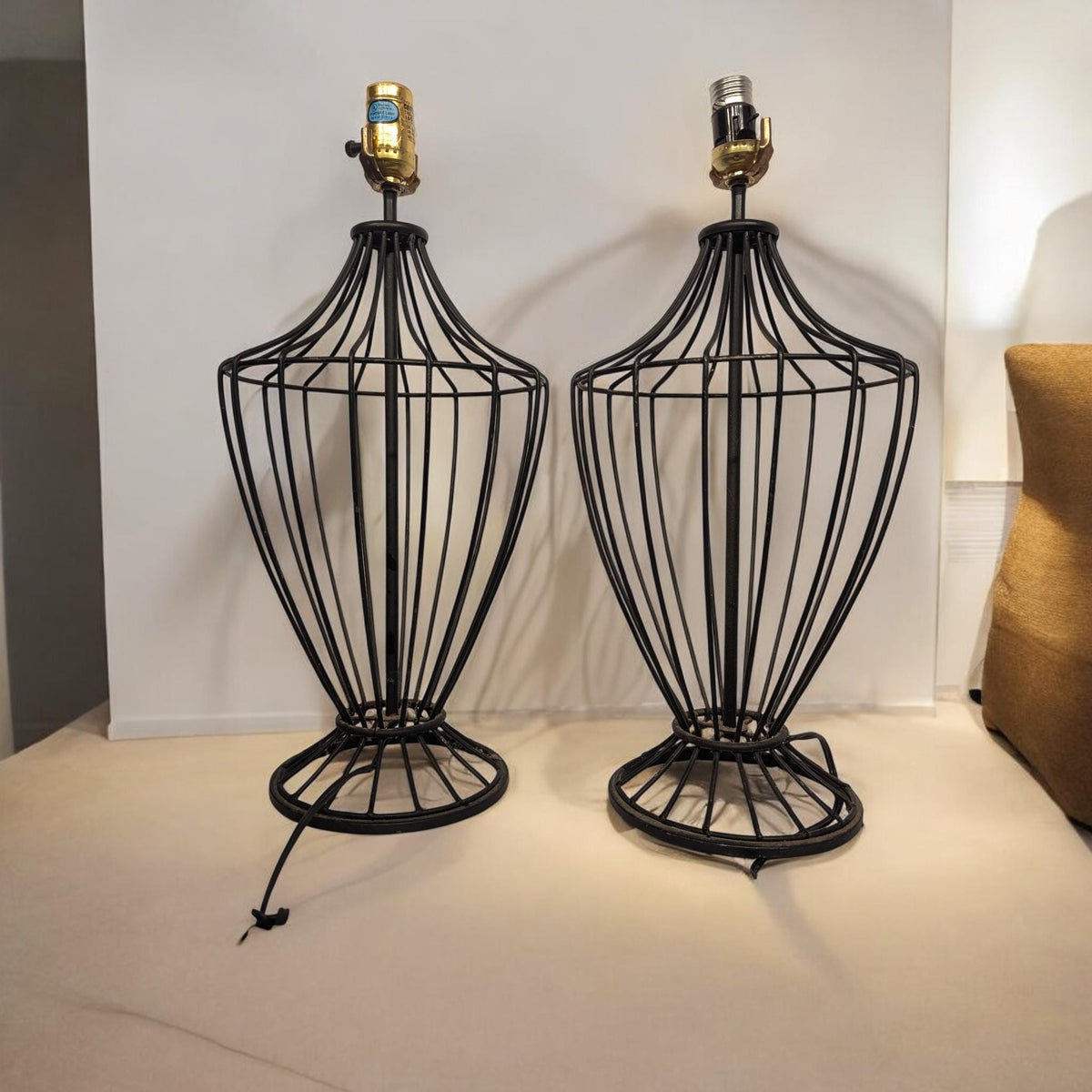Pair of Black Iron Cage Table Lamps - The Relic Detail
