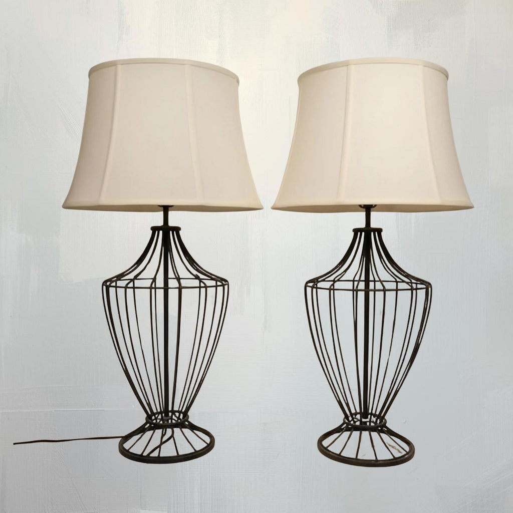 Pair of Black Iron Cage Table Lamps - The Relic Detail