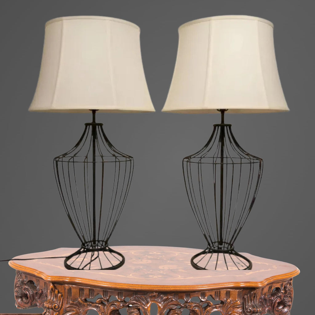 Pair of Black Iron Cage Table Lamps - The Relic Detail