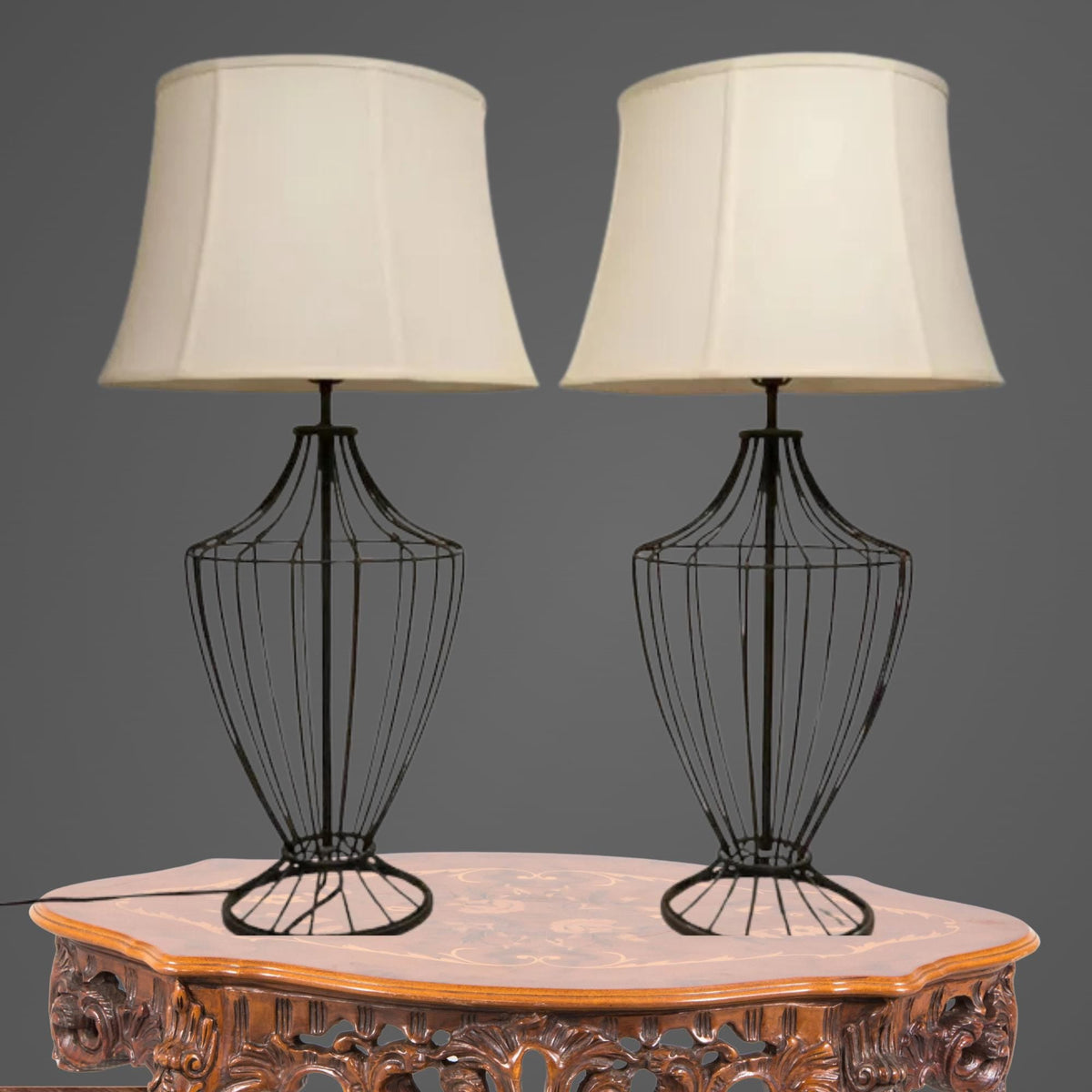Pair of Black Iron Cage Table Lamps - The Relic Detail
