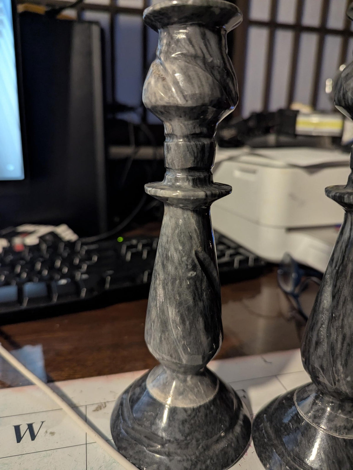 Pair of Grey Marble Candlestick Holders, 10 in. - The Relic Detail