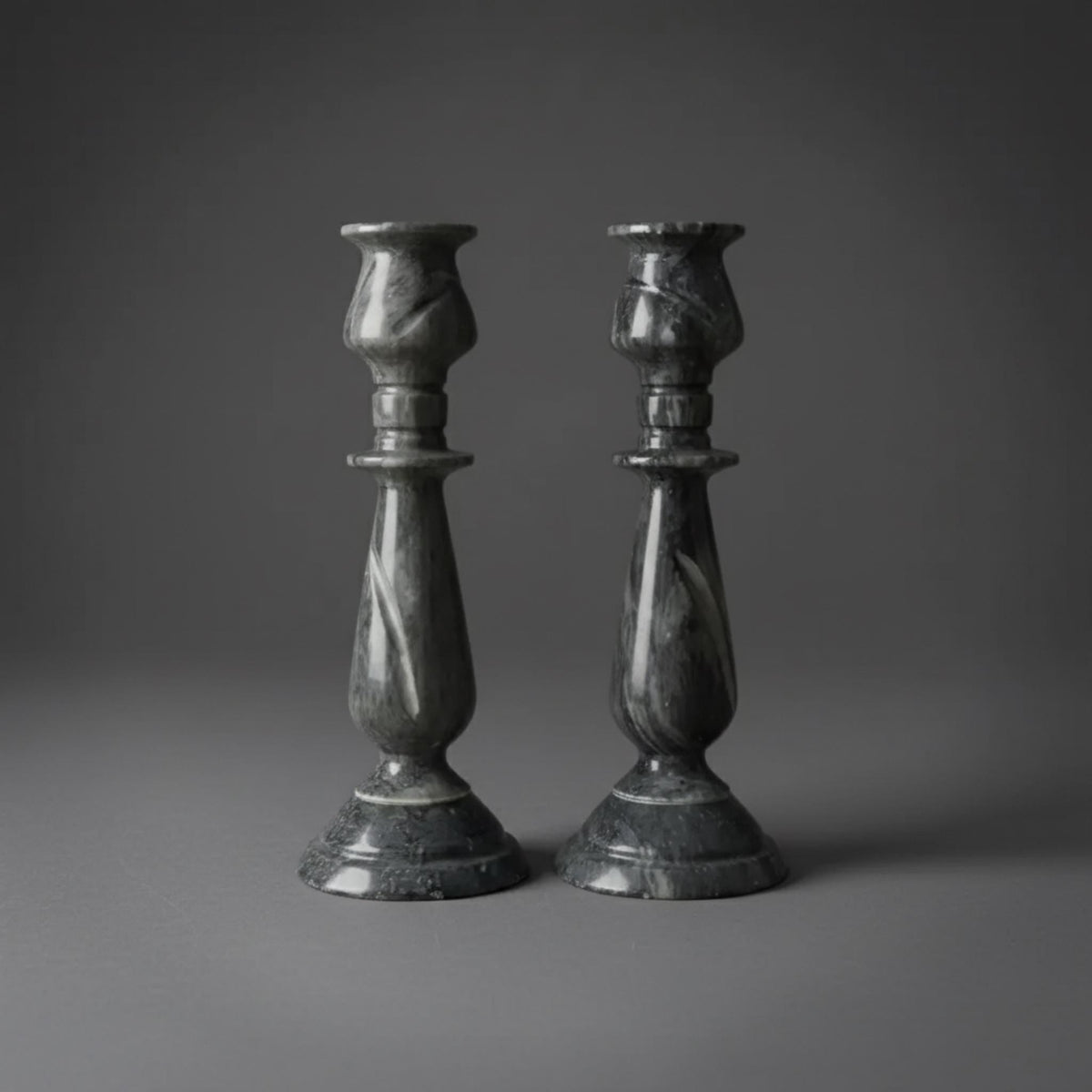 Pair of Grey Marble Candlestick Holders, 10 in. - The Relic Detail