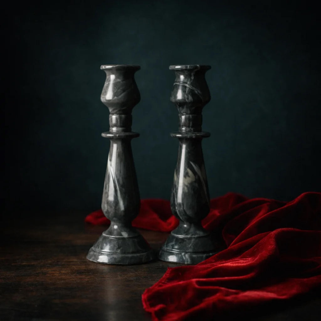 Pair of Grey Marble Candlestick Holders, 10 in. - The Relic Detail