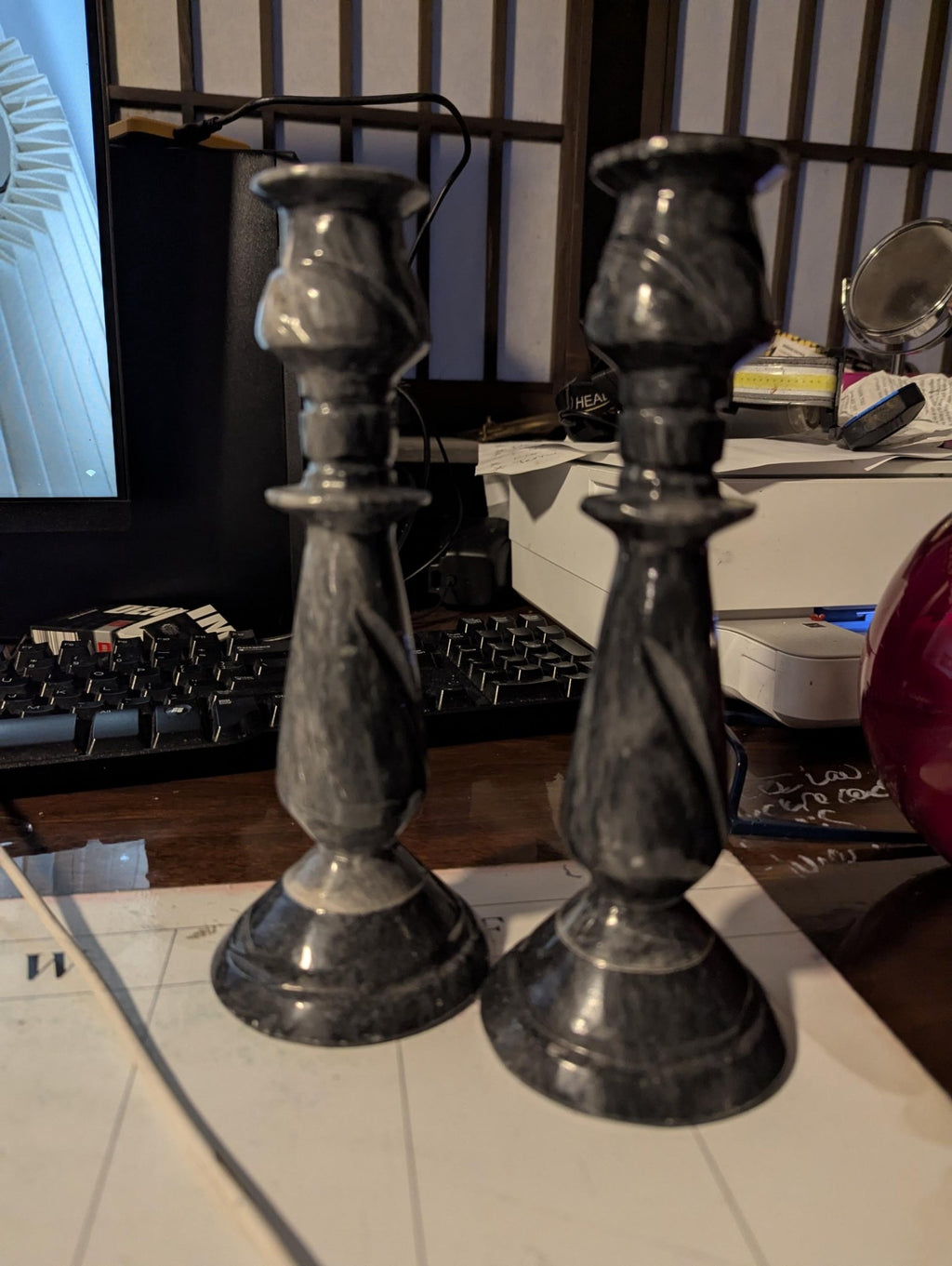 Pair of Grey Marble Candlestick Holders, 10 in. - The Relic Detail