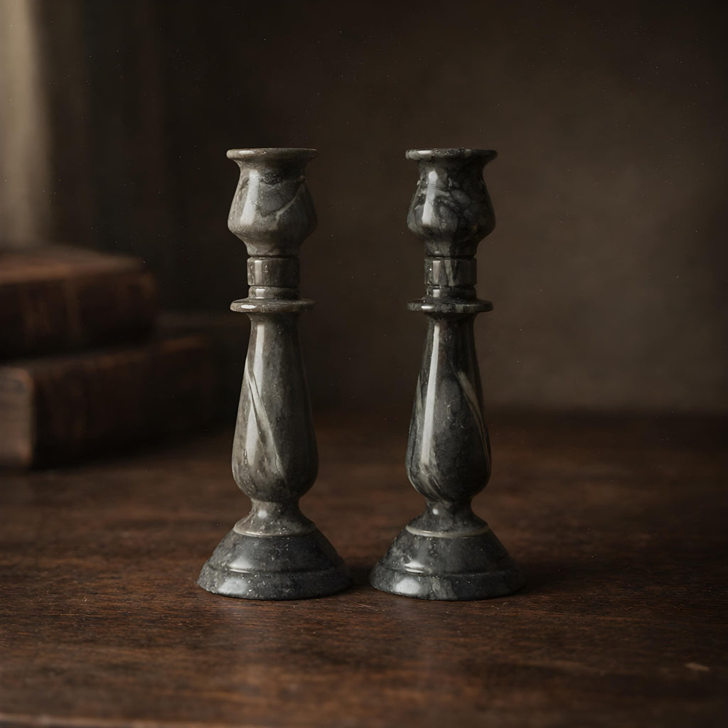 Pair of Grey Marble Candlestick Holders, 10 in. - The Relic Detail