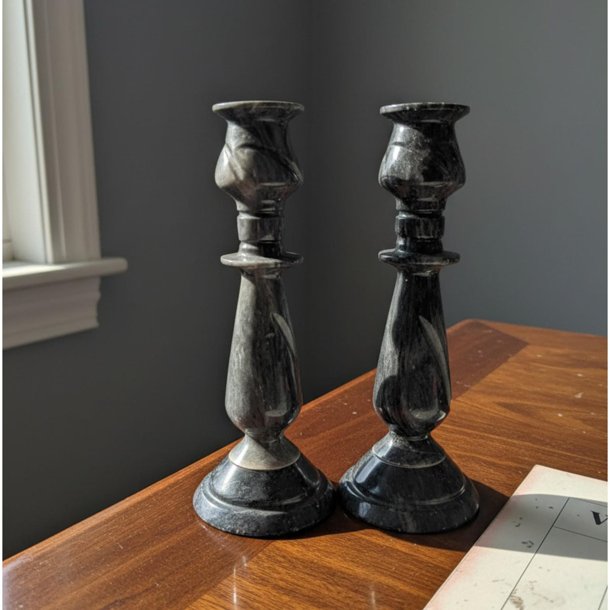 Pair of Grey Marble Candlestick Holders, 10 in. - The Relic Detail