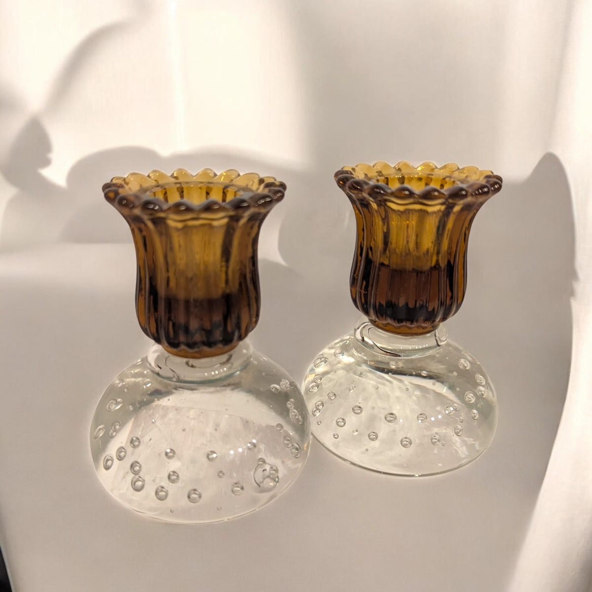 Pairpoint Clear Controlled Bubble Fluted Gold Art Glass Vintage Candle Holders Set - The Relic Detail