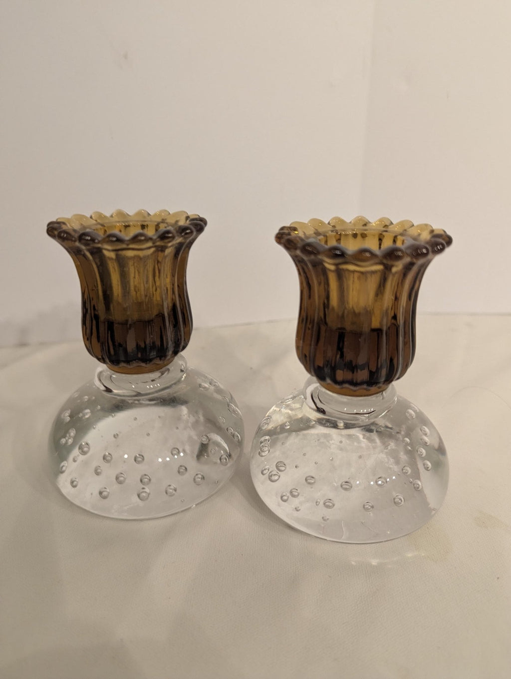 Pairpoint Clear Controlled Bubble Fluted Gold Art Glass Vintage Candle Holders Set - The Relic Detail