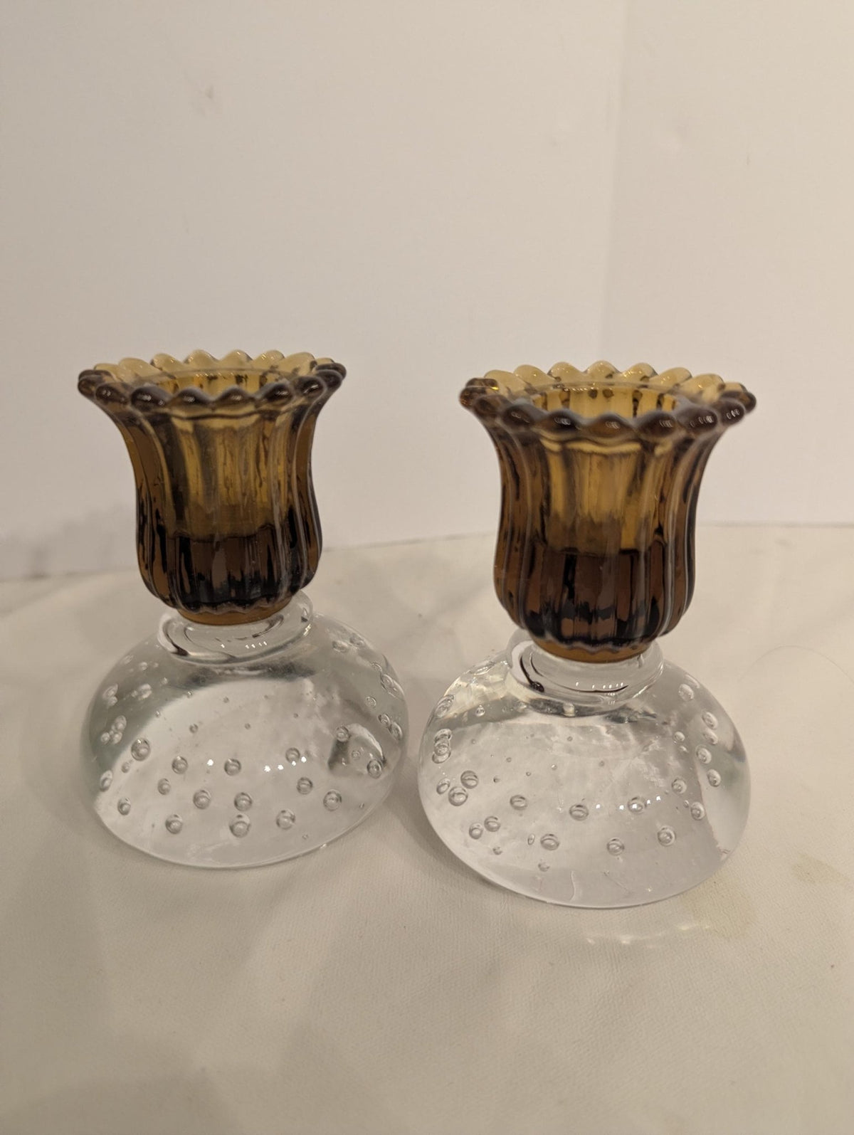 Pairpoint Clear Controlled Bubble Fluted Gold Art Glass Vintage Candle Holders Set - The Relic Detail