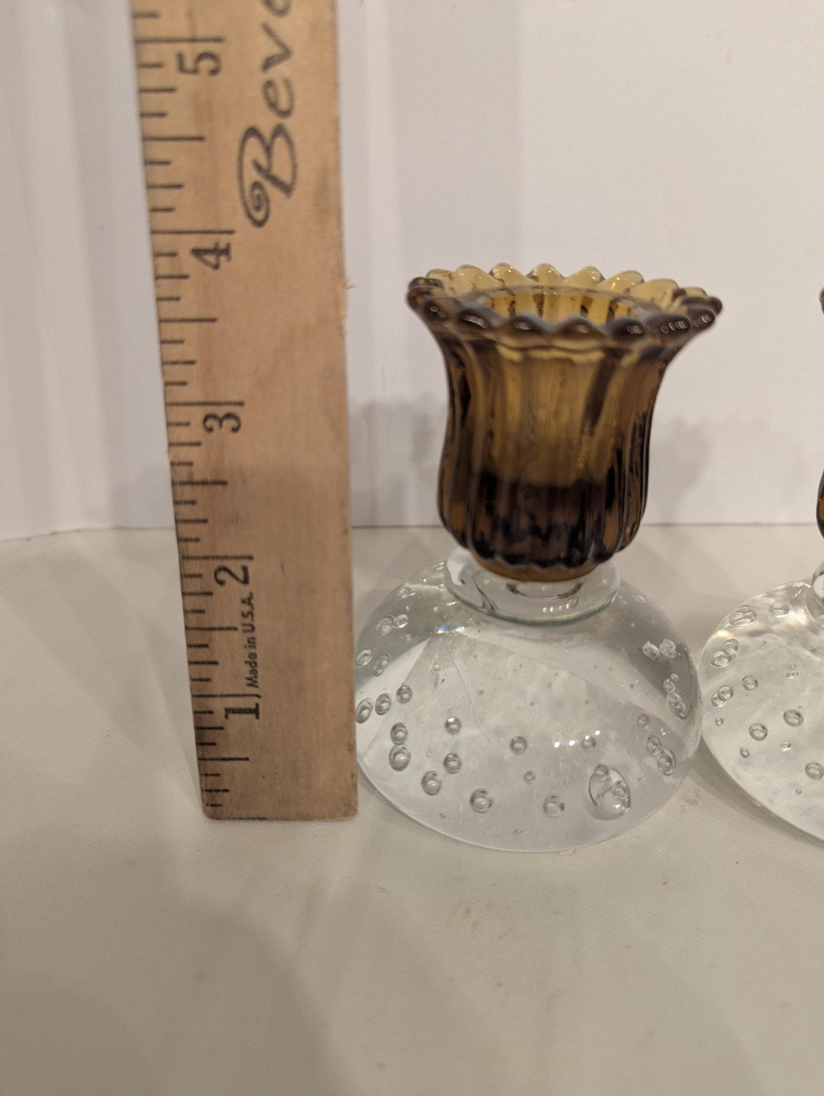 Pairpoint Clear Controlled Bubble Fluted Gold Art Glass Vintage Candle Holders Set - The Relic Detail
