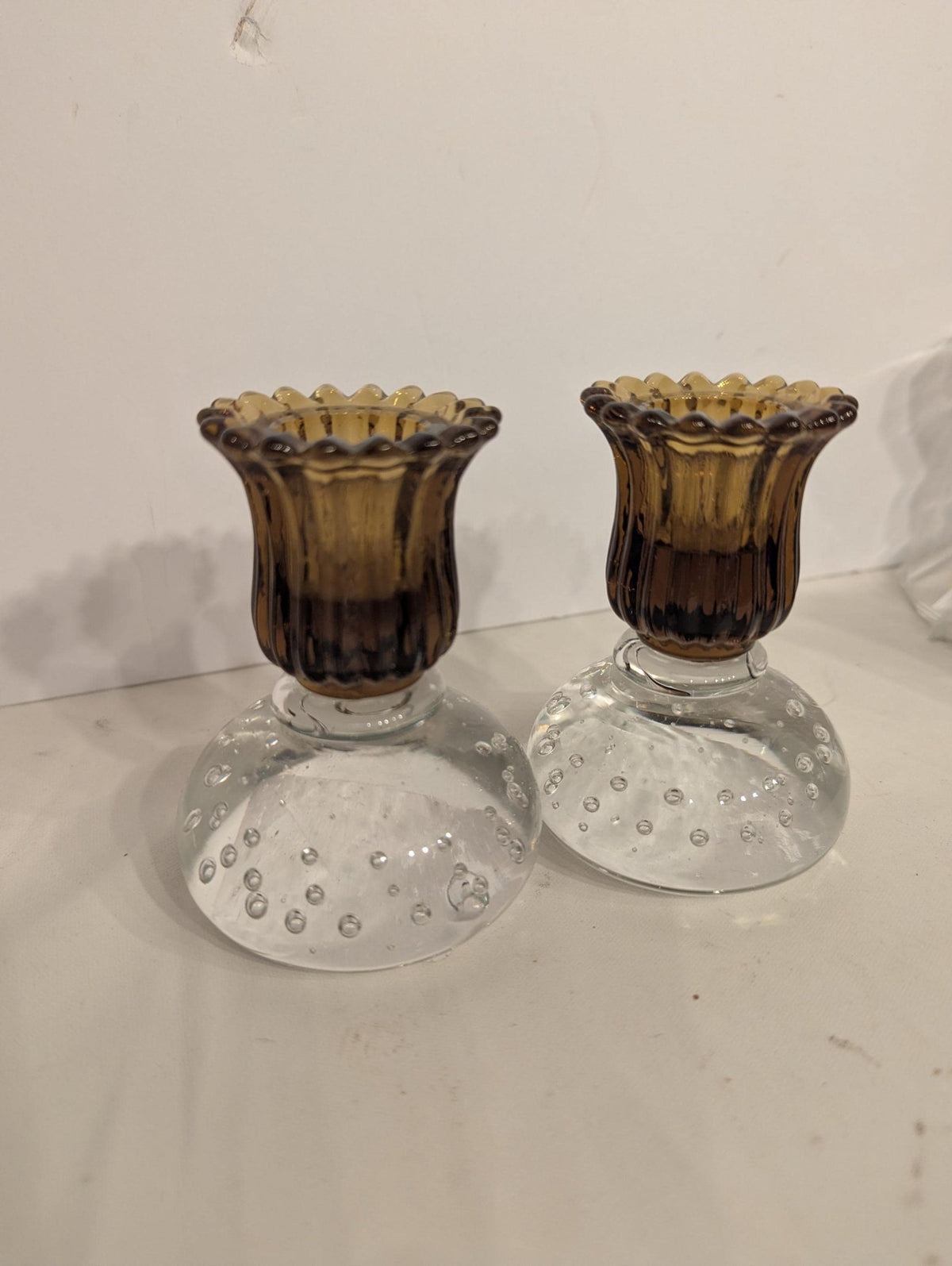 Pairpoint Clear Controlled Bubble Fluted Gold Art Glass Vintage Candle Holders Set - The Relic Detail