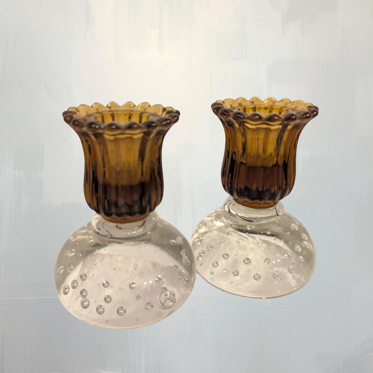 Pairpoint Clear Controlled Bubble Fluted Gold Art Glass Vintage Candle Holders Set - The Relic Detail