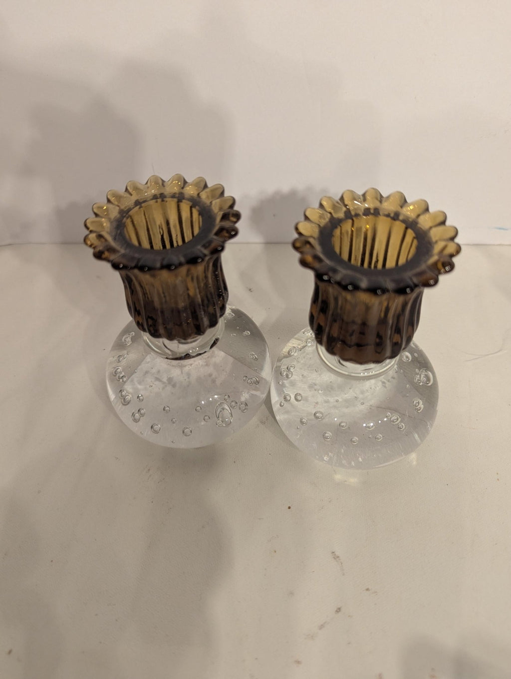 Pairpoint Clear Controlled Bubble Fluted Gold Art Glass Vintage Candle Holders Set - The Relic Detail