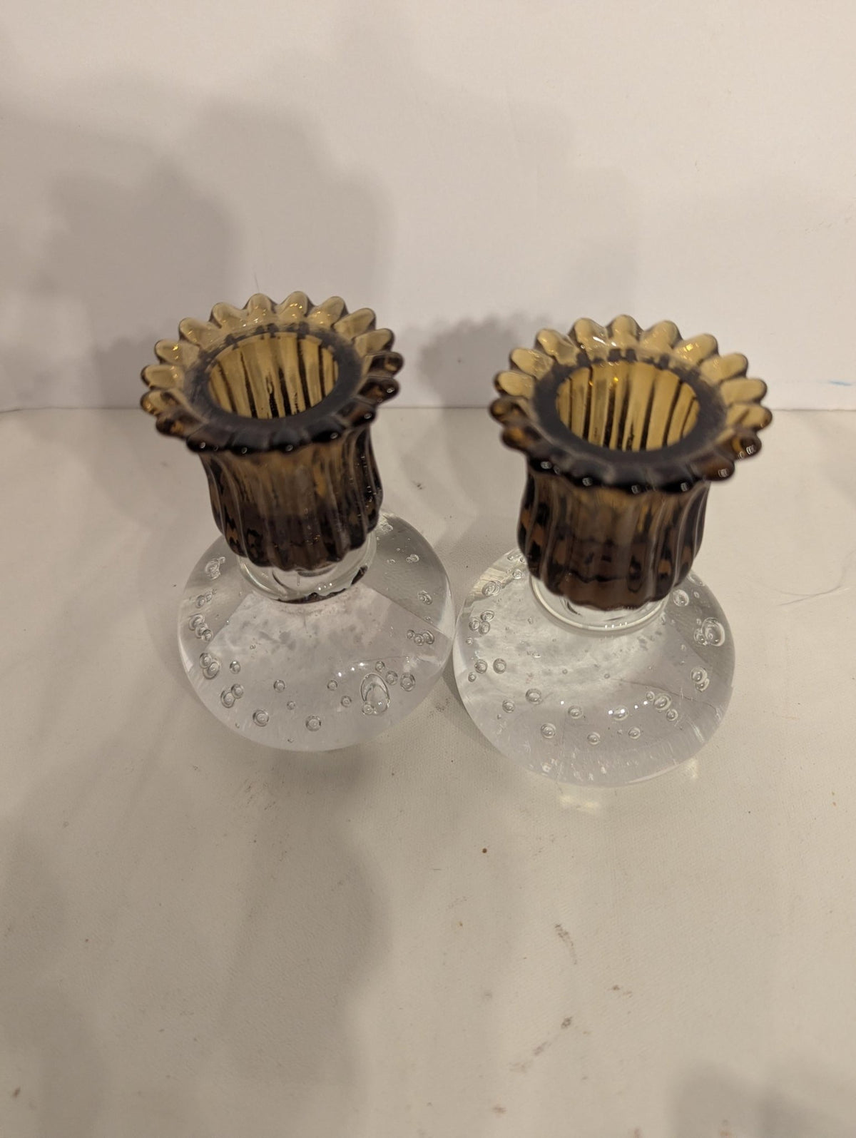Pairpoint Clear Controlled Bubble Fluted Gold Art Glass Vintage Candle Holders Set - The Relic Detail