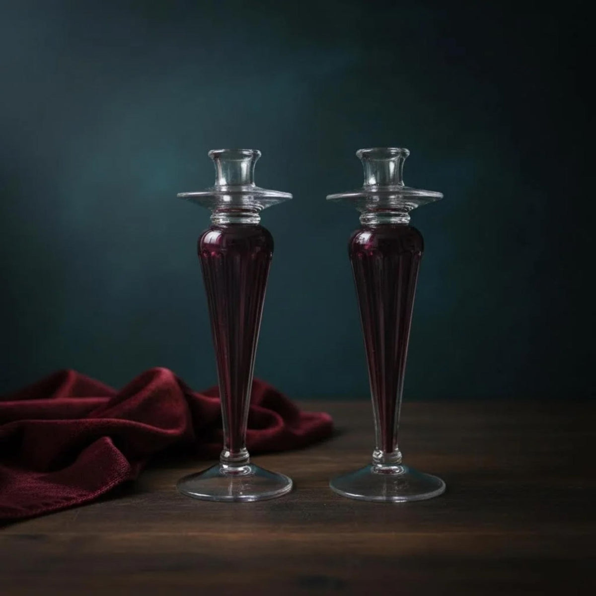 Raspberry Art Glass Candlestick Holders - The Relic Detail
