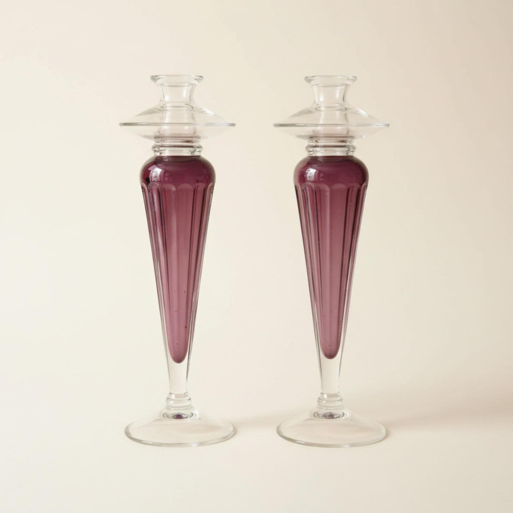 Raspberry Art Glass Candlestick Holders - The Relic Detail