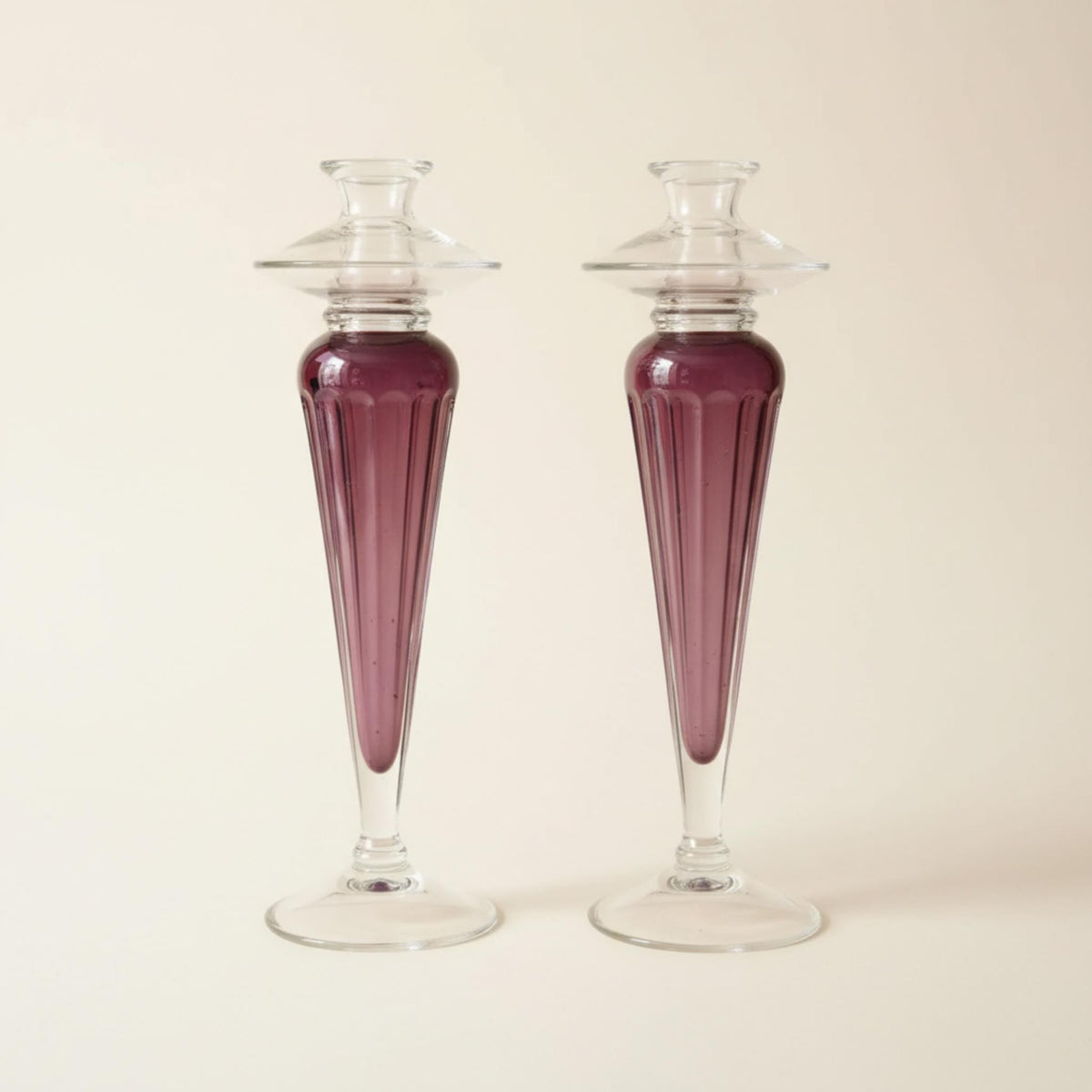 Raspberry Art Glass Candlestick Holders - The Relic Detail